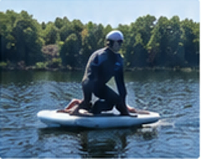 Rider lying on the eFoil board getting comfortable with an instructor alongside
